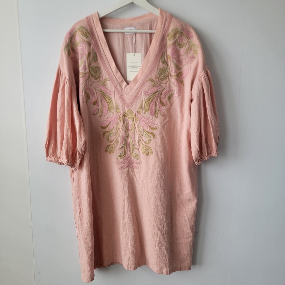 Yohers Women's Embroidered V-Neck Mini Dress sz L Puff Sleeve Casual Sundress